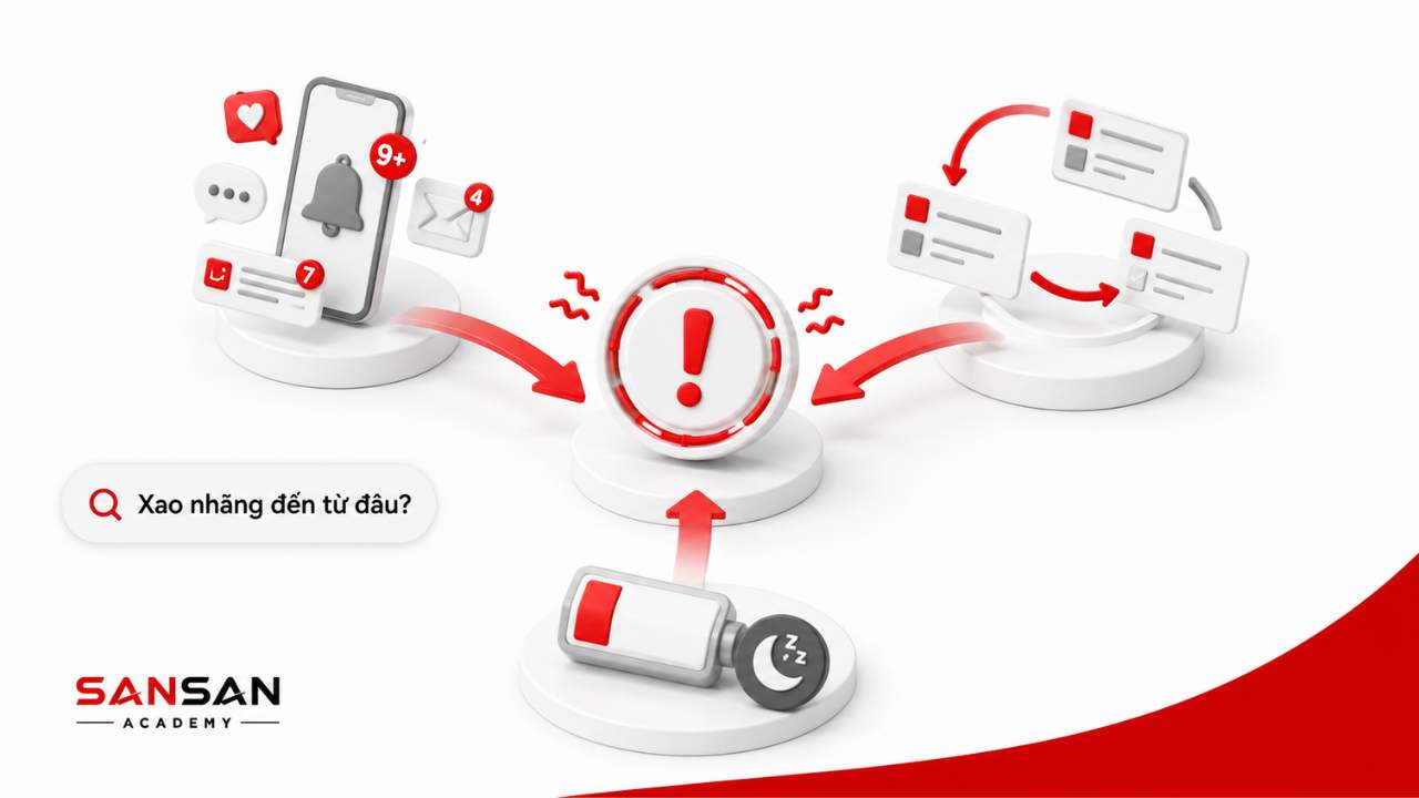 Các nguyên nhân gây mất tập trung gồm thông báo điện thoại, chuyển đổi công việc và thiếu năng lượng