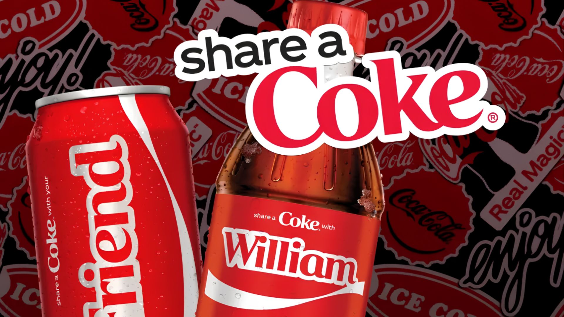 Chiến dịch Share a Coke của Coca-Cola với lon và chai Coca-Cola được cá nhân hóa tên người dùng.