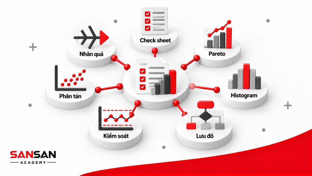Bộ công cụ QC gồm phiếu kiểm tra, Pareto, biểu đồ nhân quả, histogram, biểu đồ phân tán, biểu đồ kiểm soát và lưu đồ.