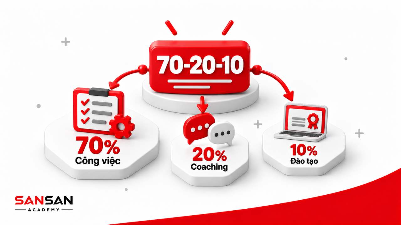 Mô hình 70-20-10 gồm học qua công việc, coaching và đào tạo chính thức