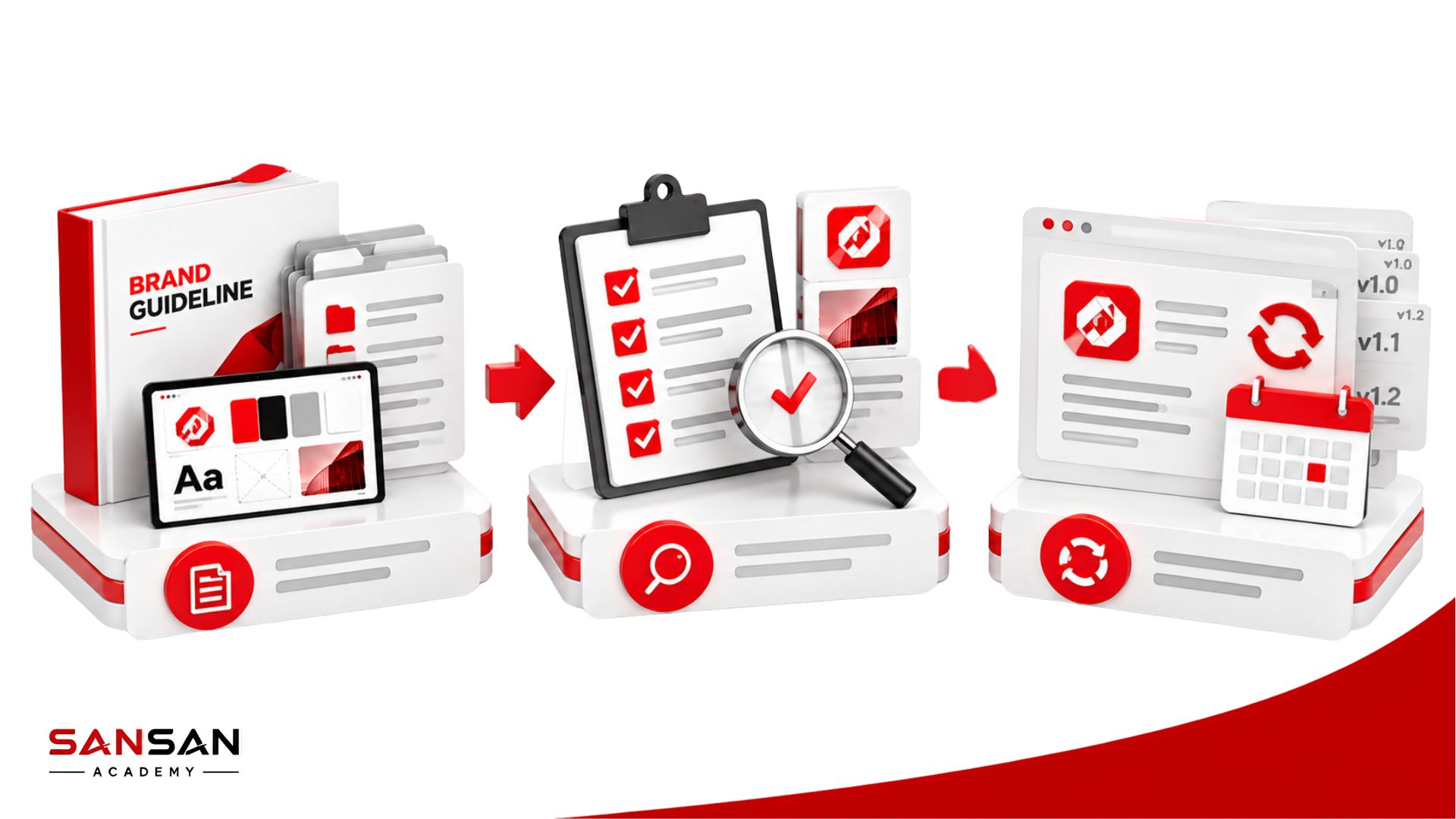 Ba bước cuối xây dựng Brand Guideline gồm tổ chức tài liệu, kiểm tra khả năng áp dụng và thiết lập nguyên tắc cập nhật