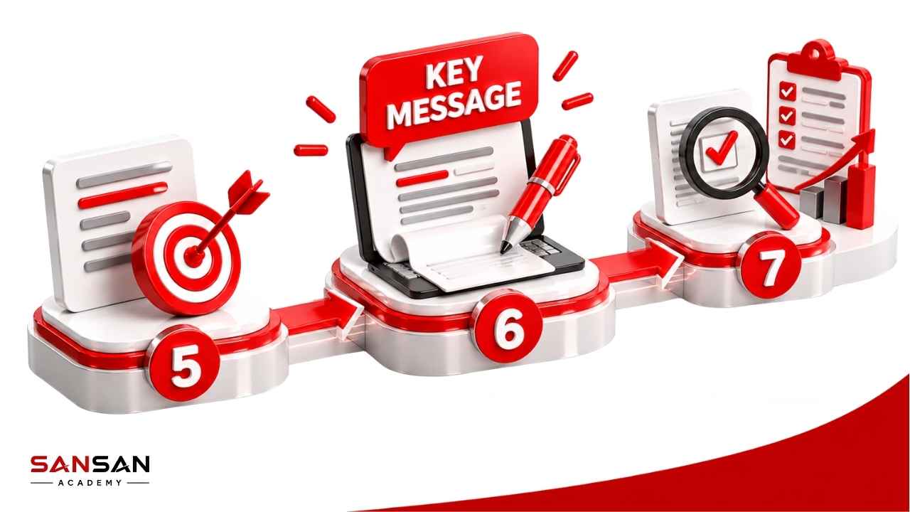 Ba bước cuối xây dựng Key Message gồm chọn thông điệp trọng tâm, viết ngắn gọn và kiểm tra trước khi triển khai