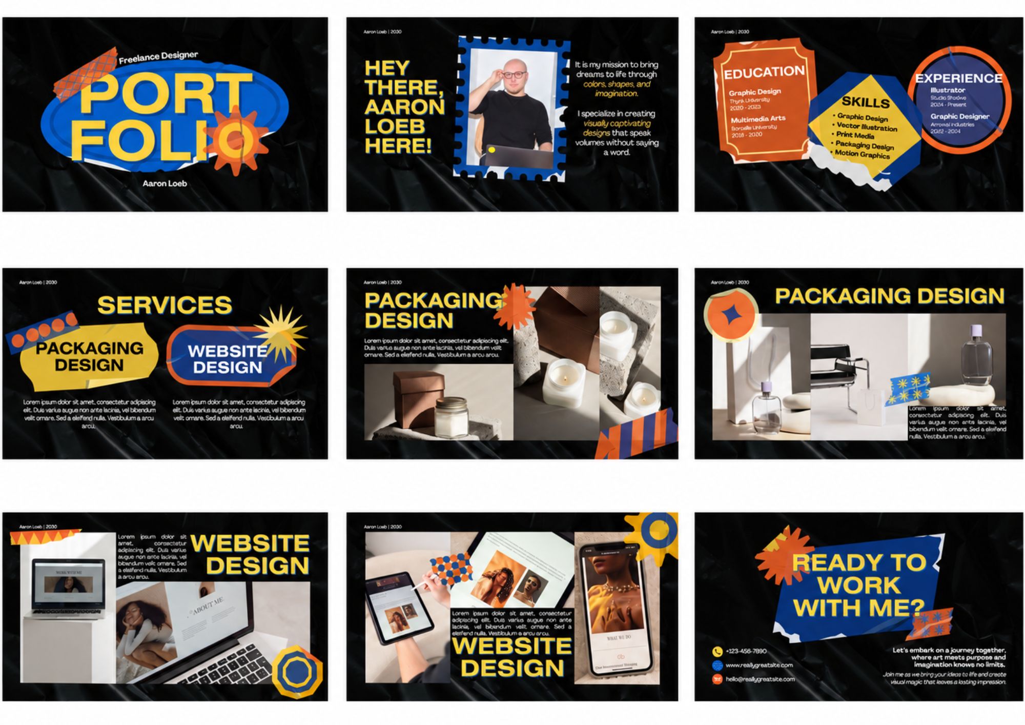 Portfolio Graphic Designer với nền đen, màu sắc nổi bật và bố cục sáng tạo