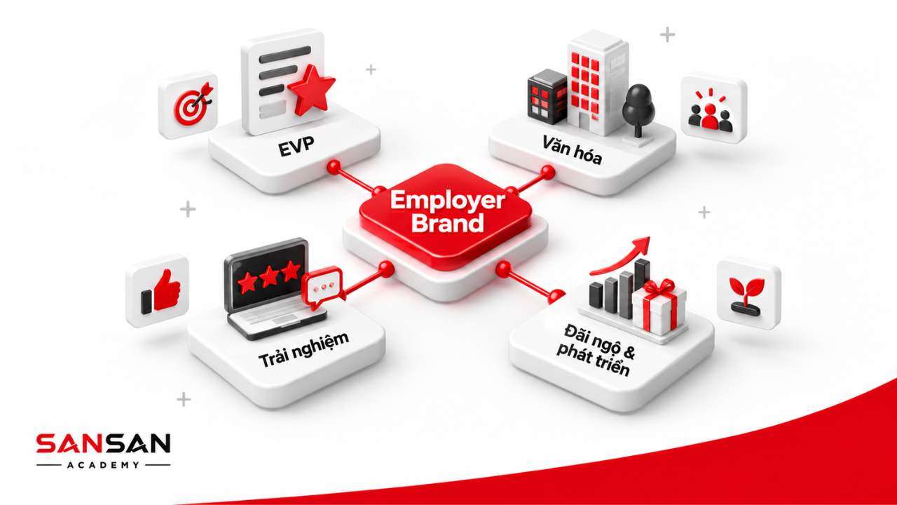 Các yếu tố thương hiệu nhà tuyển dụng gồm EVP, văn hóa, trải nghiệm, đãi ngộ và phát triển