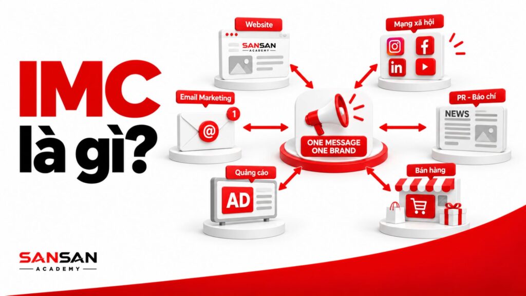 Mô hình IMC liên kết website, email, mạng xã hội, quảng cáo, PR và bán hàng quanh một thông điệp thương hiệu.