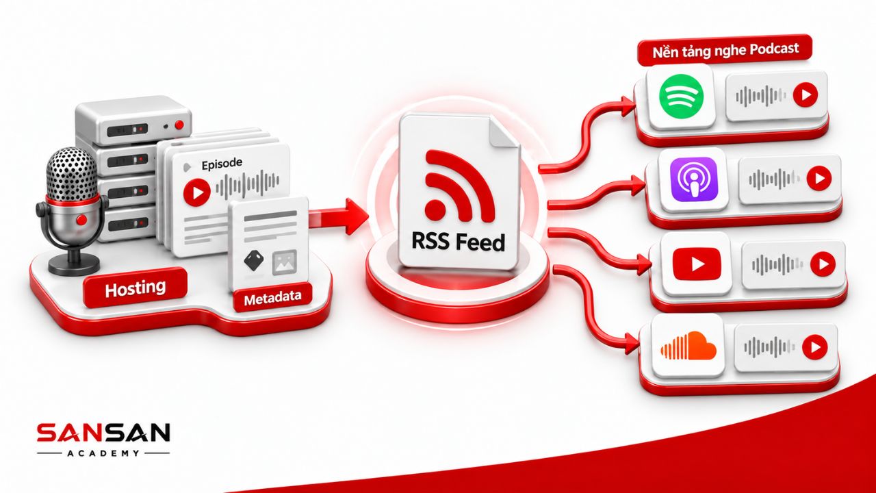 RSS Feed phân phối episode từ hosting đến nhiều nền tảng podcast