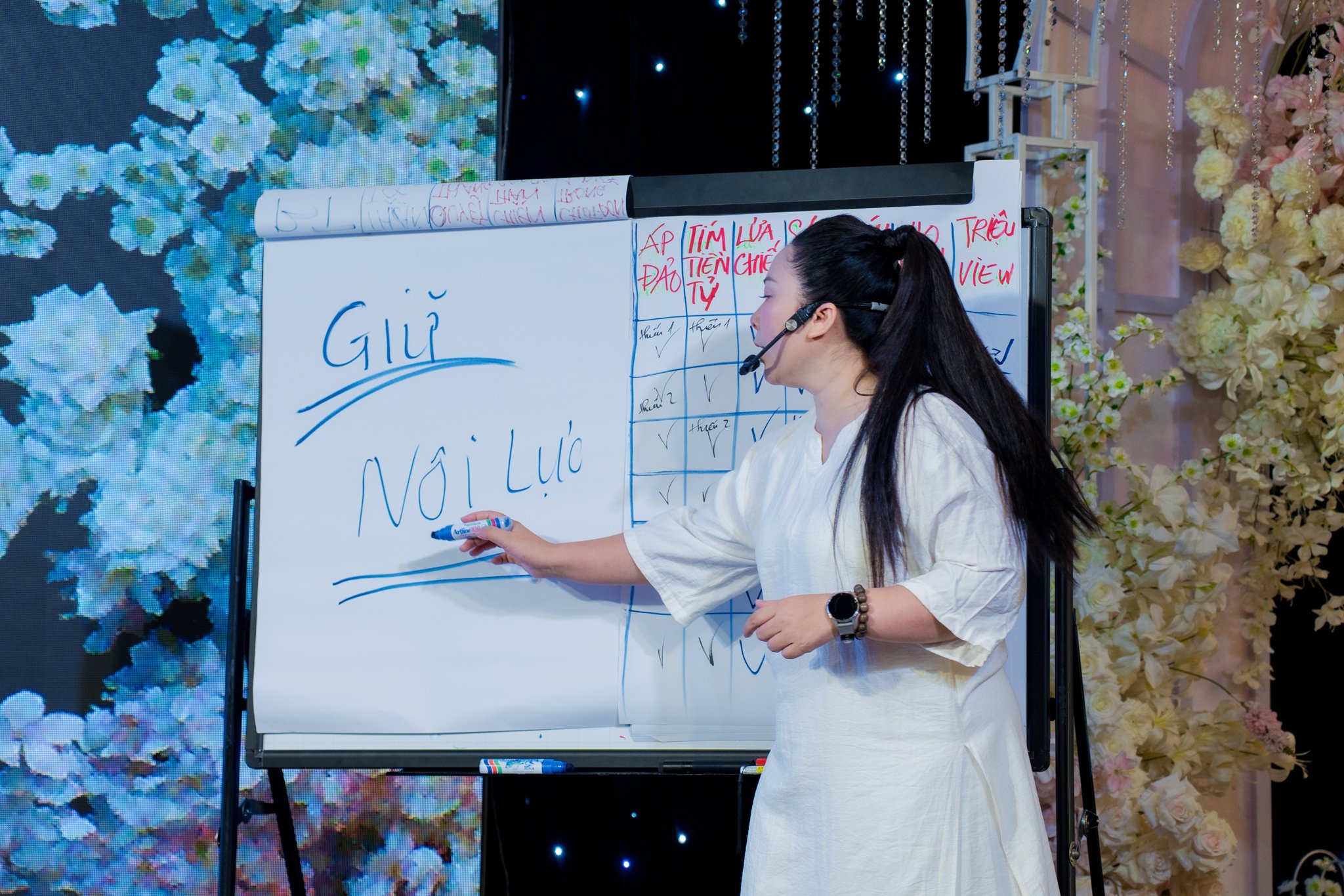 Đỗ Trương San San viết lên bảng trong lớp Video Marketing Phủ Thương Hiệu K11