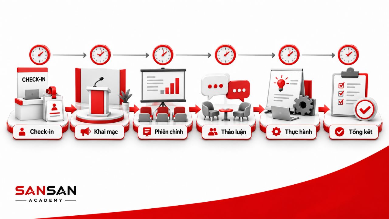 Agenda hội thảo sắp xếp các phiên từ khai mạc đến tổng kết