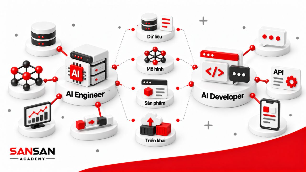 AI Engineer và AI Developer được đối chiếu qua dữ liệu, mô hình, sản phẩm và triển khai trong hệ thống AI.