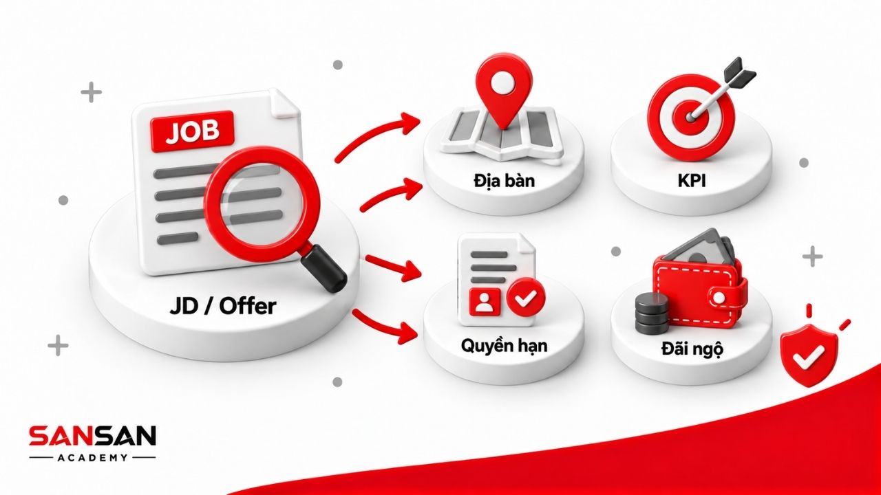 Sơ đồ 3D minh họa việc kiểm tra JD và offer của vị trí ASM dựa trên địa bàn, KPI, quyền hạn và chế độ đãi ngộ.