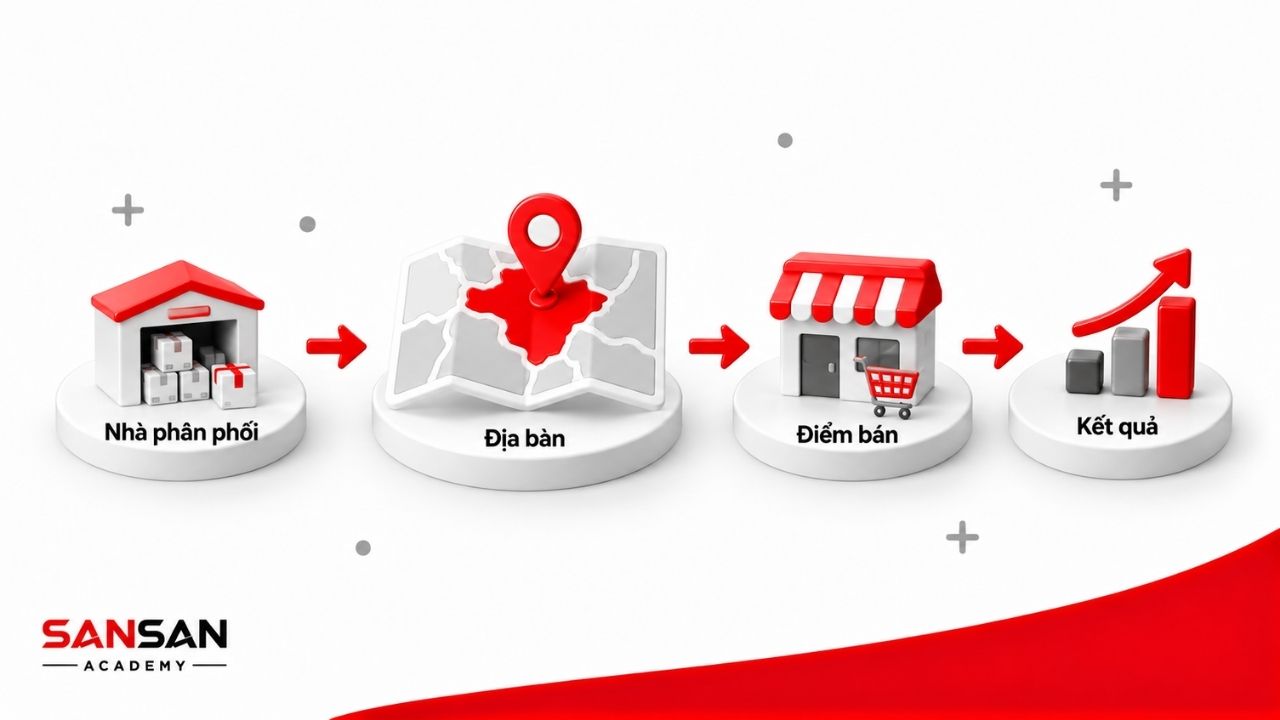 Sơ đồ 3D thể hiện ASM qua chuỗi nhà phân phối, địa bàn, điểm bán và kết quả bán hàng trong khu vực phụ trách.