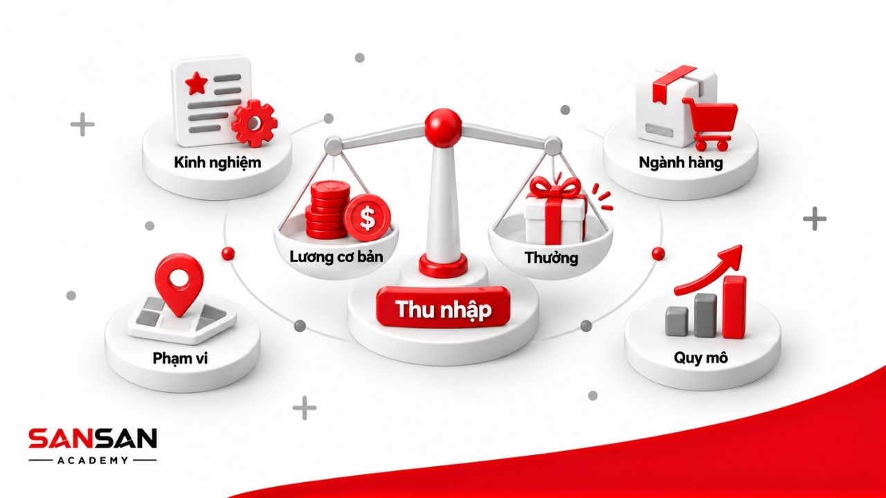 Minh họa 3D các yếu tố ảnh hưởng đến thu nhập ASM gồm lương cơ bản, thưởng, kinh nghiệm, ngành hàng, phạm vi quản lý và quy mô doanh nghiệp.