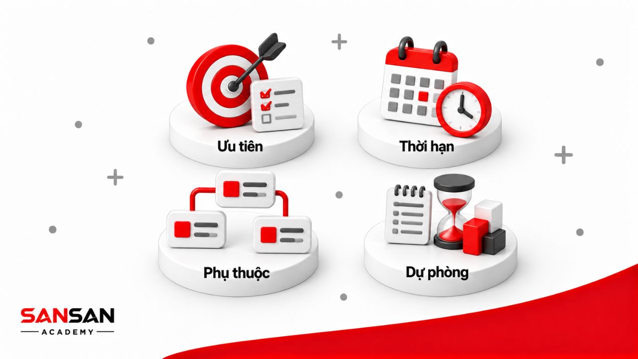 Associate quản lý thời gian bằng cách xác định ưu tiên, thời hạn, công việc phụ thuộc và khoảng dự phòng cho các nhiệm vụ được giao.