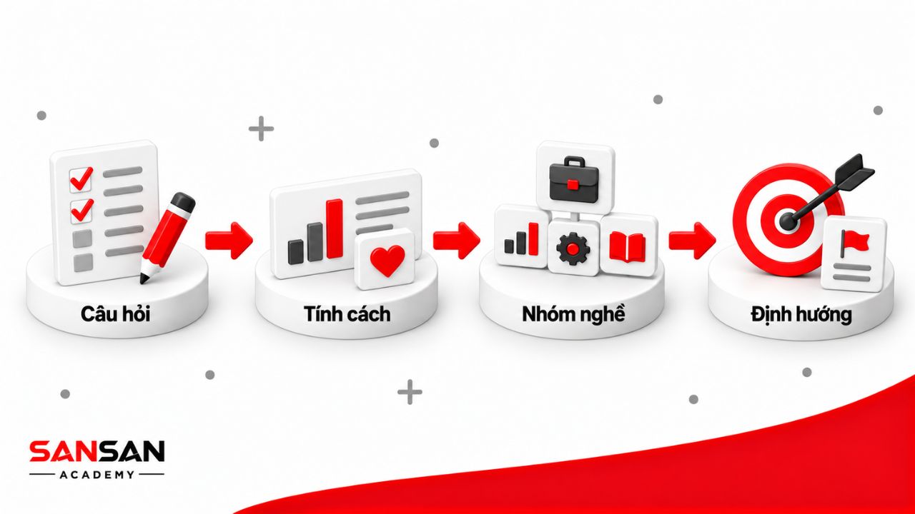Quy trình test tính cách đi từ trả lời câu hỏi, nhận diện đặc điểm, khoanh vùng nhóm nghề đến định hướng lựa chọn.