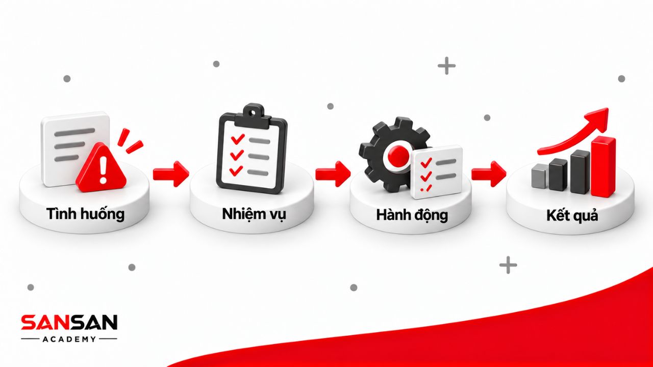 Bốn thành phần STAR gồm Tình huống, Nhiệm vụ, Hành động và Kết quả được sắp xếp theo một chuỗi logic.