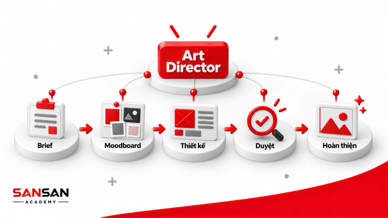 Quy trình công việc Art Director từ brief, moodboard, thiết kế, duyệt đến hoàn thiện