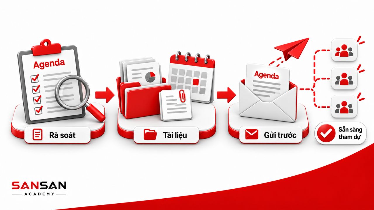 Agenda được rà soát, chuẩn bị và gửi trước cho người tham gia