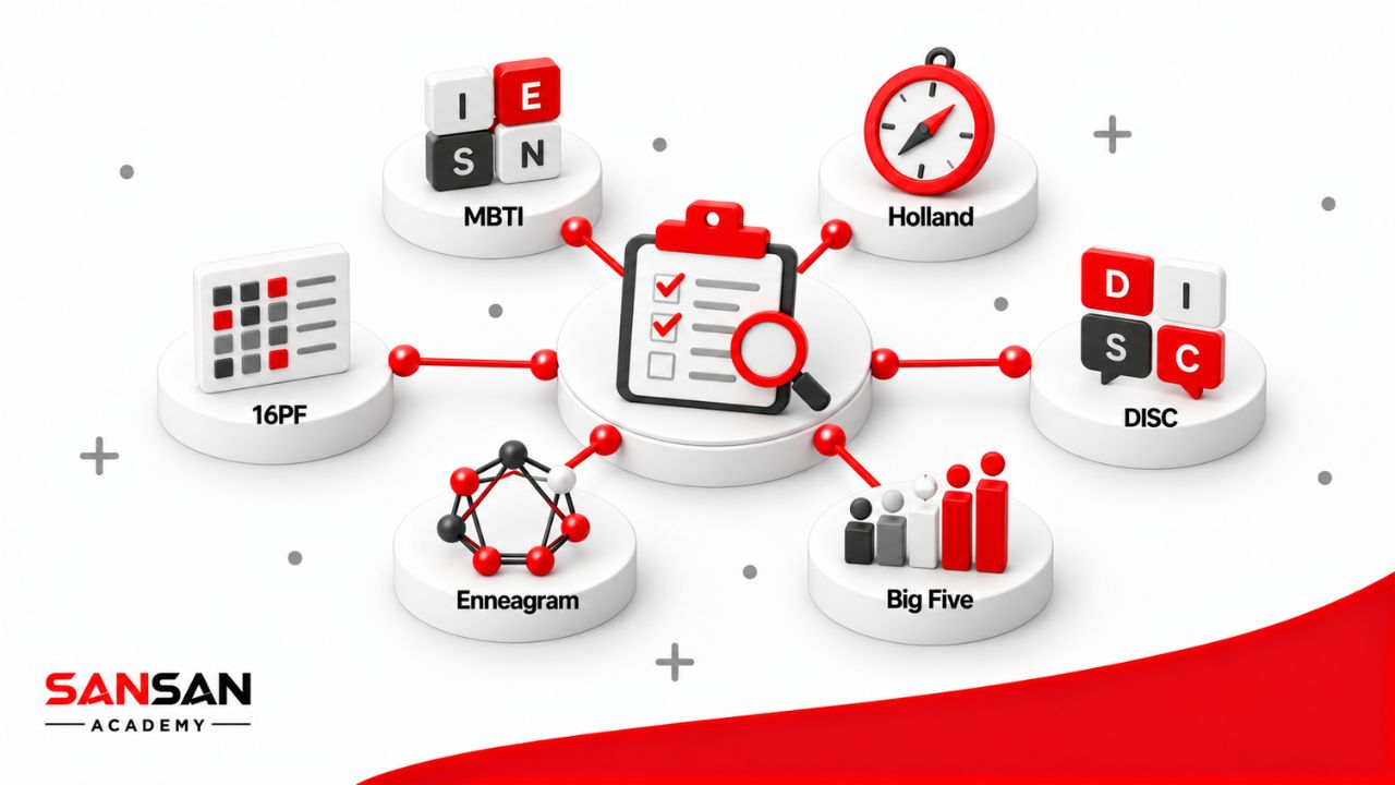 Các bài test phổ biến gồm MBTI, Holland Code, DISC, Big Five, Enneagram và 16PF với mục đích đo lường khác nhau.