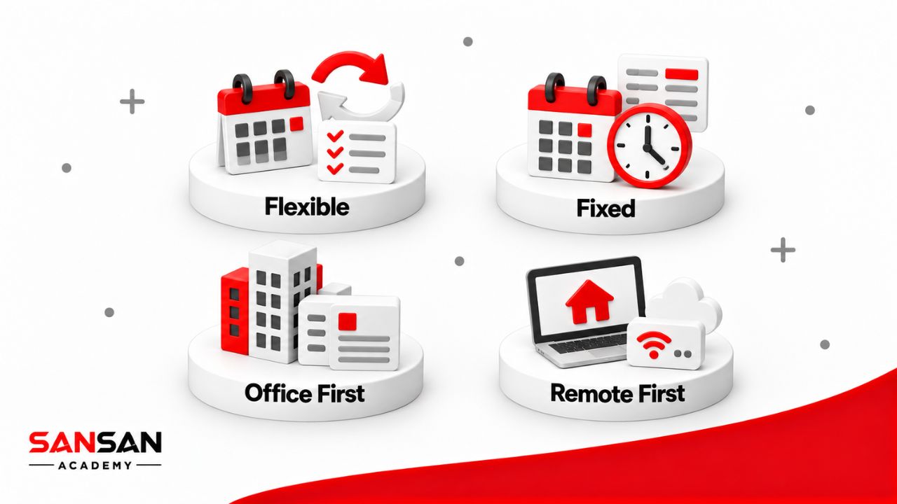 Các mô hình Hybrid Working phổ biến gồm Flexible, Fixed, Office First và Remote First.