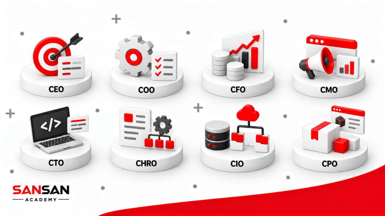 Các vị trí C-Level phổ biến gồm CEO, COO, CFO, CMO, CTO, CHRO, CIO và CPO với những phạm vi chuyên môn khác nhau.