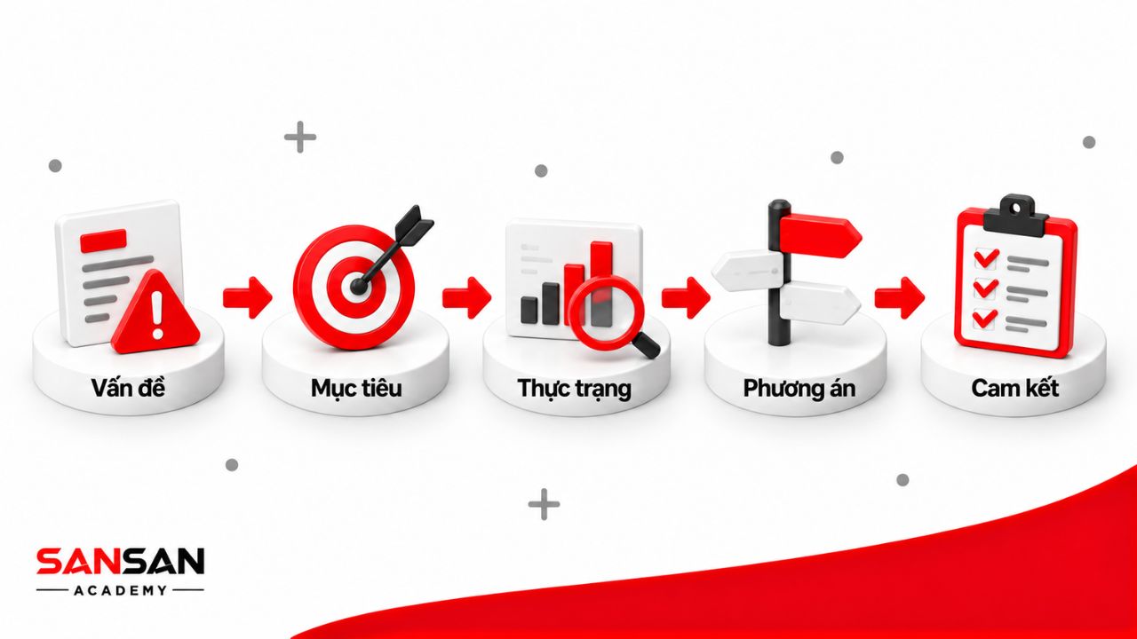Cách áp dụng GROW đi từ xác định vấn đề, thiết lập mục tiêu, đánh giá thực trạng, lựa chọn phương án đến chốt cam kết.