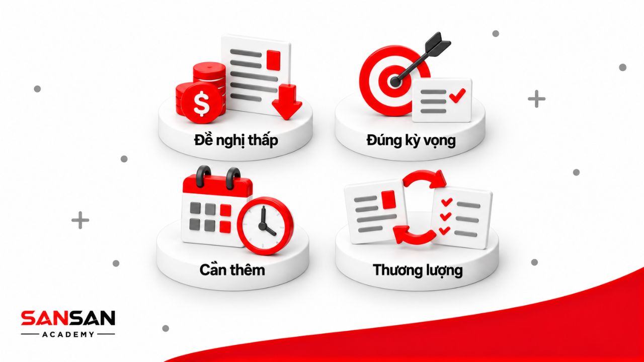 Các tình huống deal lương gồm đề nghị thấp, mức đúng kỳ vọng, cần thêm thời gian xem xét và tiếp tục thương lượng điều khoản.