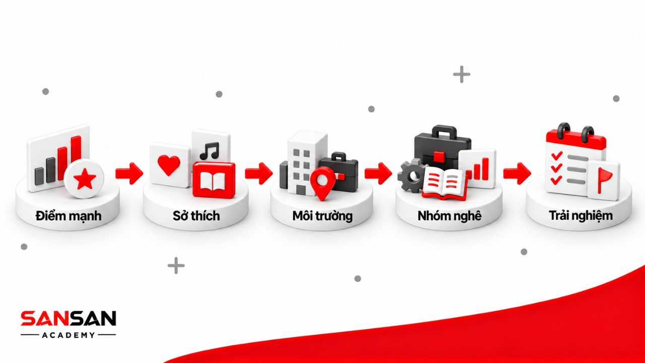 Kết quả bài test được đối chiếu qua điểm mạnh, sở thích, môi trường phù hợp, nhóm nghề và trải nghiệm thực tế.