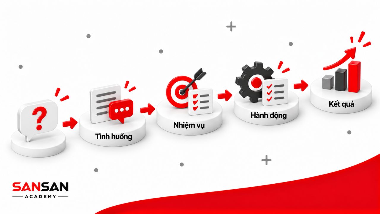 Câu trả lời STAR đi từ nhận diện câu hỏi, nêu tình huống, xác định nhiệm vụ, trình bày hành động đến kết quả.