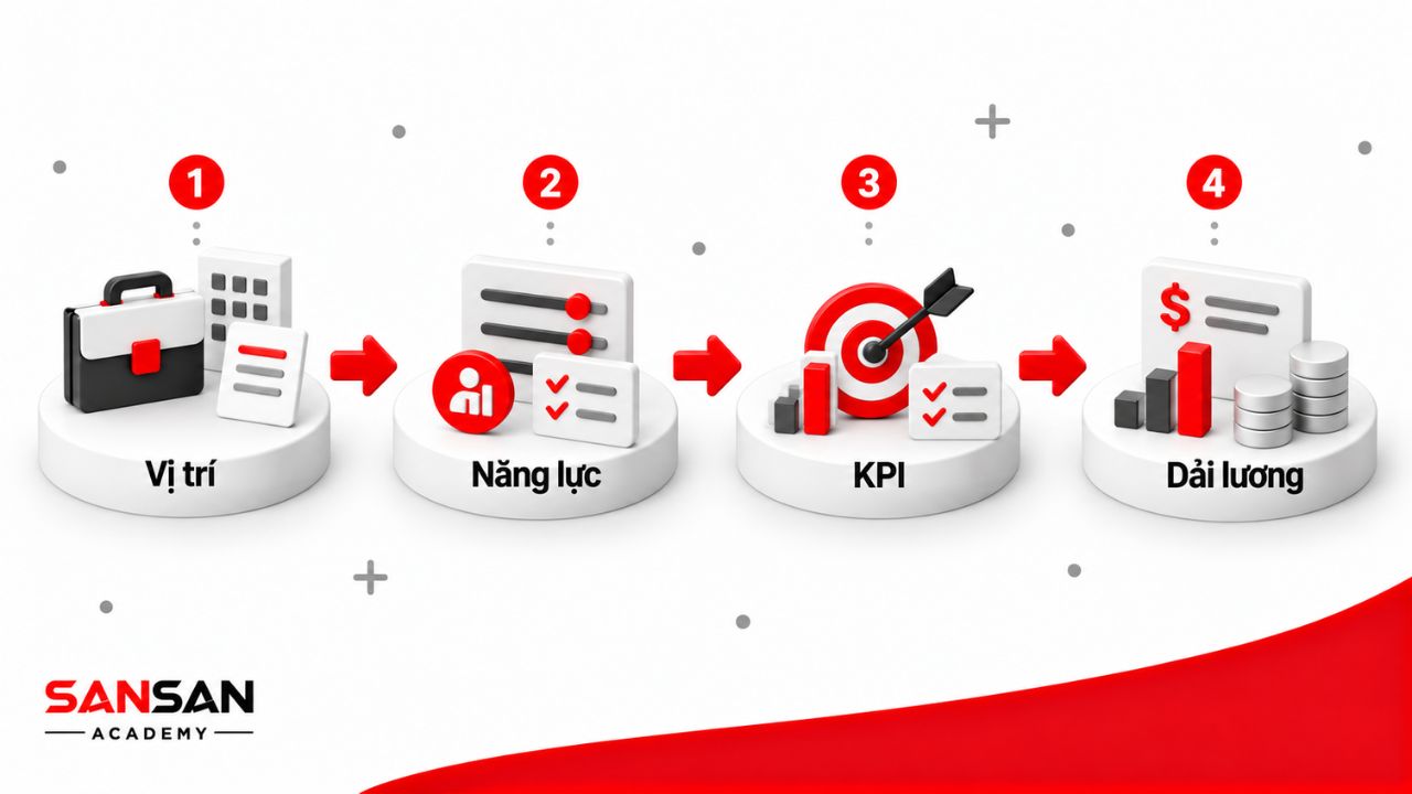 Quy trình xây dựng lương 3P đi từ chuẩn hóa vị trí, thiết lập khung năng lực, xây KPI đến thiết kế dải lương và quy chế trả lương.