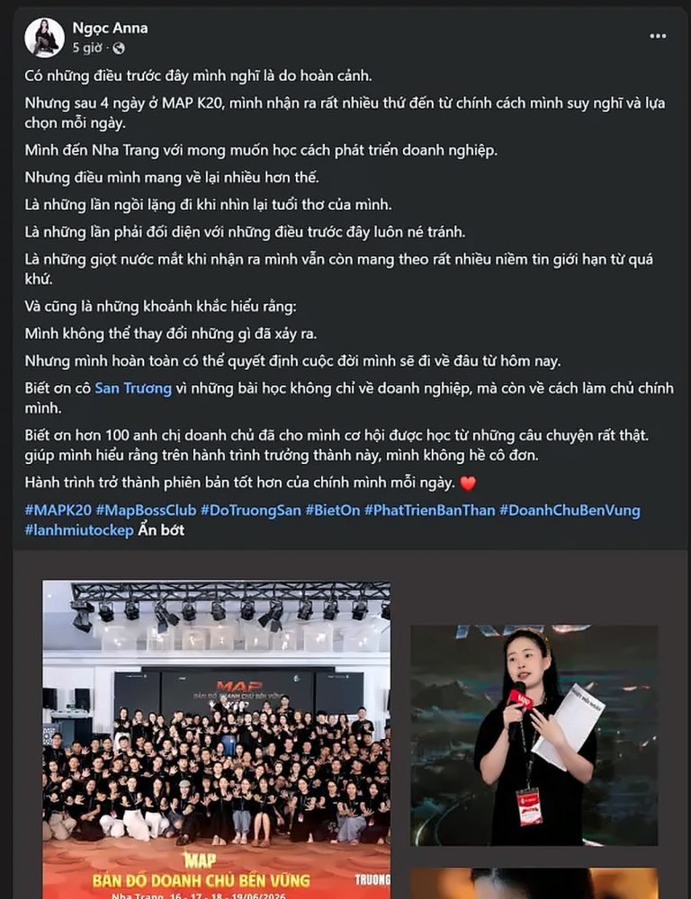 Bài chia sẻ trên Facebook của Ngọc Anh sau khóa MAP CAMP mùa 20