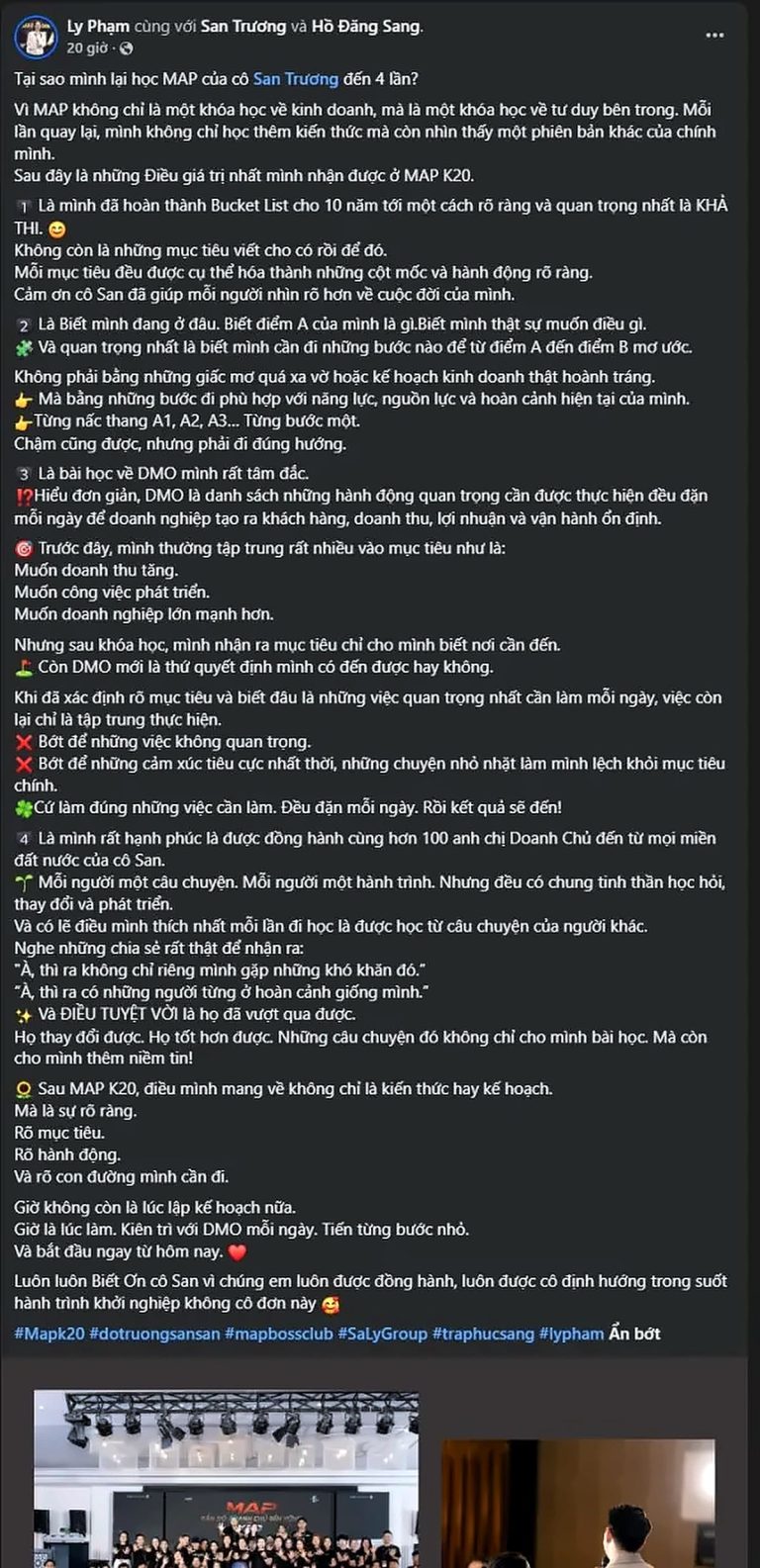 Bài chia sẻ trên Facebook của Ly Phạm sau khóa MAP CAMP mùa 20