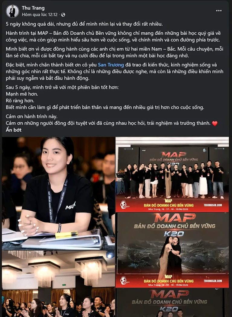 Bài chia sẻ trên Facebook của Thu Trang sau khóa MAP CAMP mùa 20