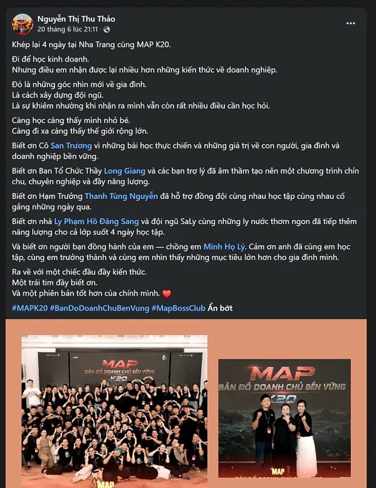 Bài chia sẻ trên Facebook của Nguyễn Thị Thu Thảo sau khóa MAP CAMP mùa 20