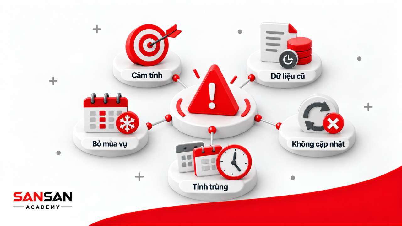Những sai lầm khi định biên nhân sự gồm tính theo cảm tính, dùng dữ liệu cũ, bỏ mùa vụ, không cập nhật và tính trùng