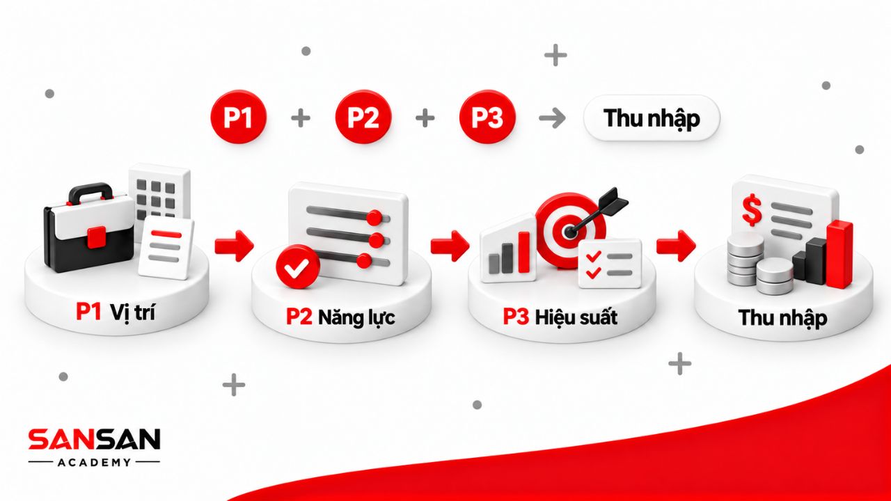 Cấu trúc thu nhập 3P được hình thành từ P1 theo vị trí, P2 theo năng lực và P3 thực nhận theo mức hoàn thành hiệu suất.