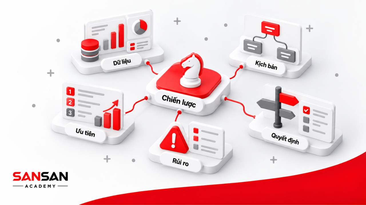 Tư duy chiến lược dựa trên dữ liệu, ưu tiên, kịch bản, rủi ro và quyết định quản lý