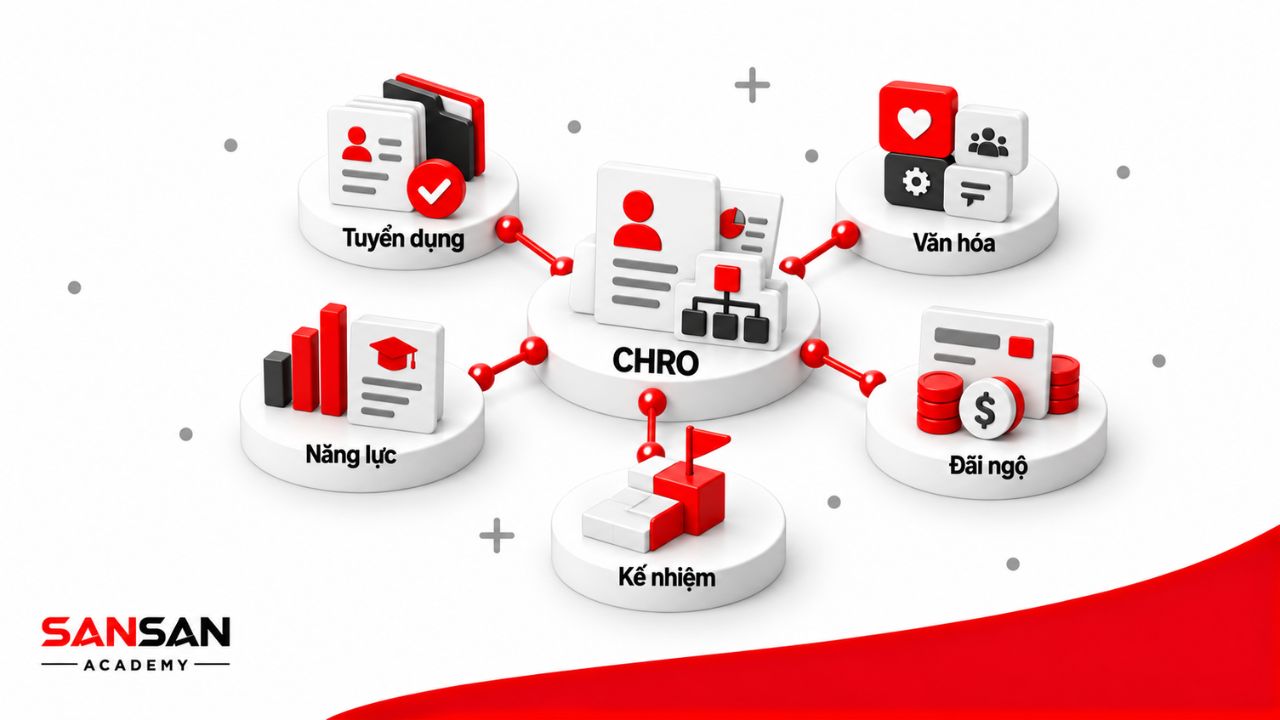 CHRO phụ trách tuyển dụng, phát triển năng lực, văn hóa, đãi ngộ và kế hoạch kế nhiệm trong chiến lược nhân sự doanh nghiệp.