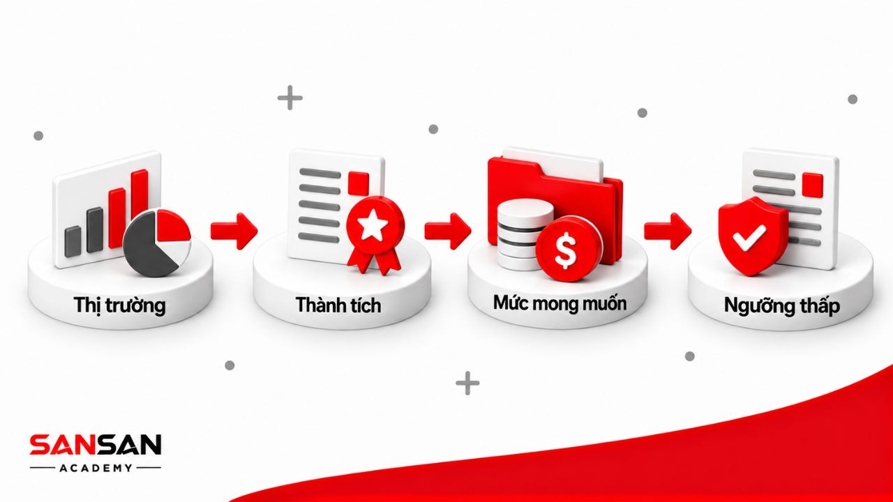 Dữ liệu deal lương gồm mặt bằng thị trường, thành tích, mức mong muốn và ngưỡng thấp nhất có thể chấp nhận.