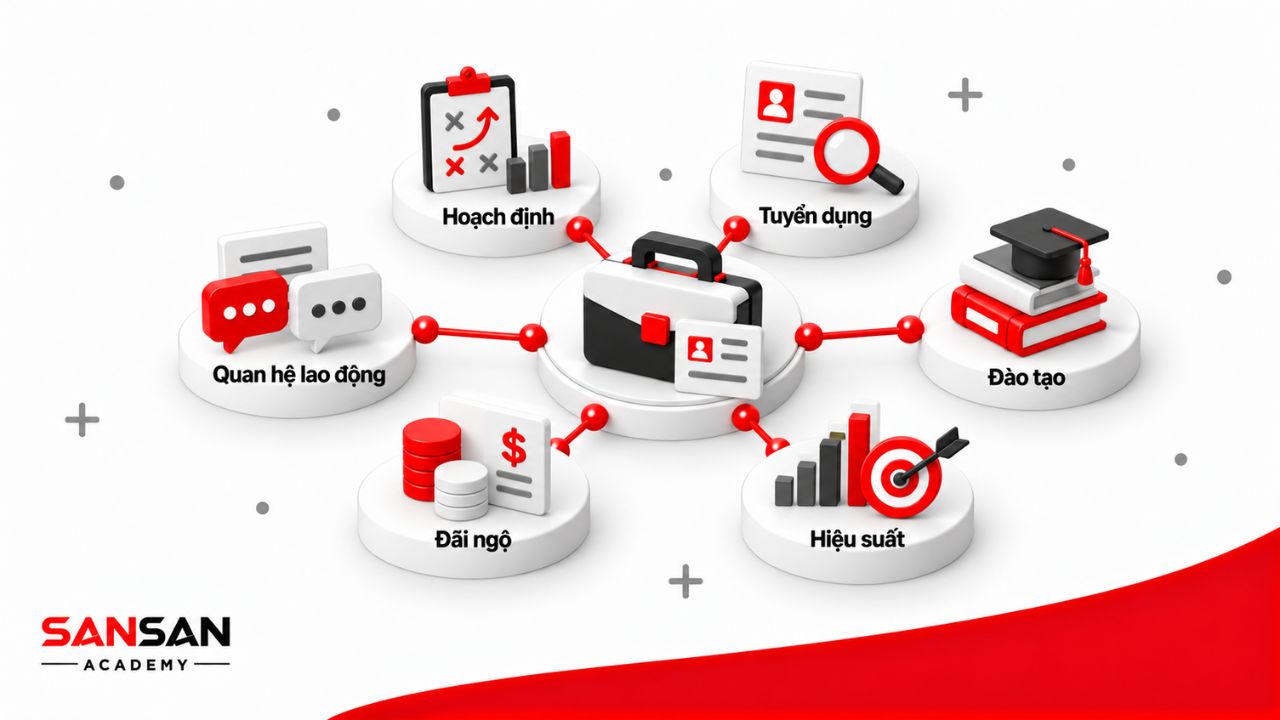 Chức năng của giám đốc nhân sự bao gồm hoạch định, tuyển dụng, đào tạo, hiệu suất, đãi ngộ và quan hệ lao động.
