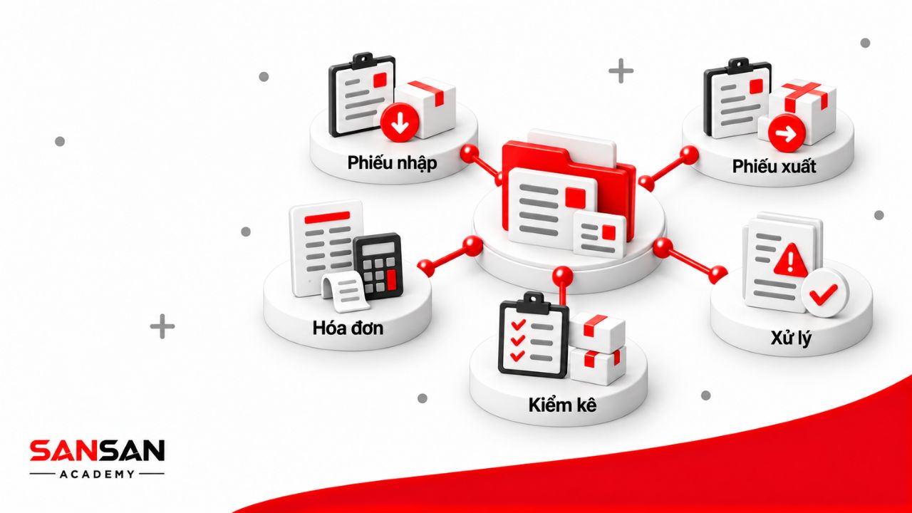 Chứng từ kế toán kho gồm phiếu nhập, phiếu xuất, hóa đơn, biên bản kiểm kê và hồ sơ xử lý.
