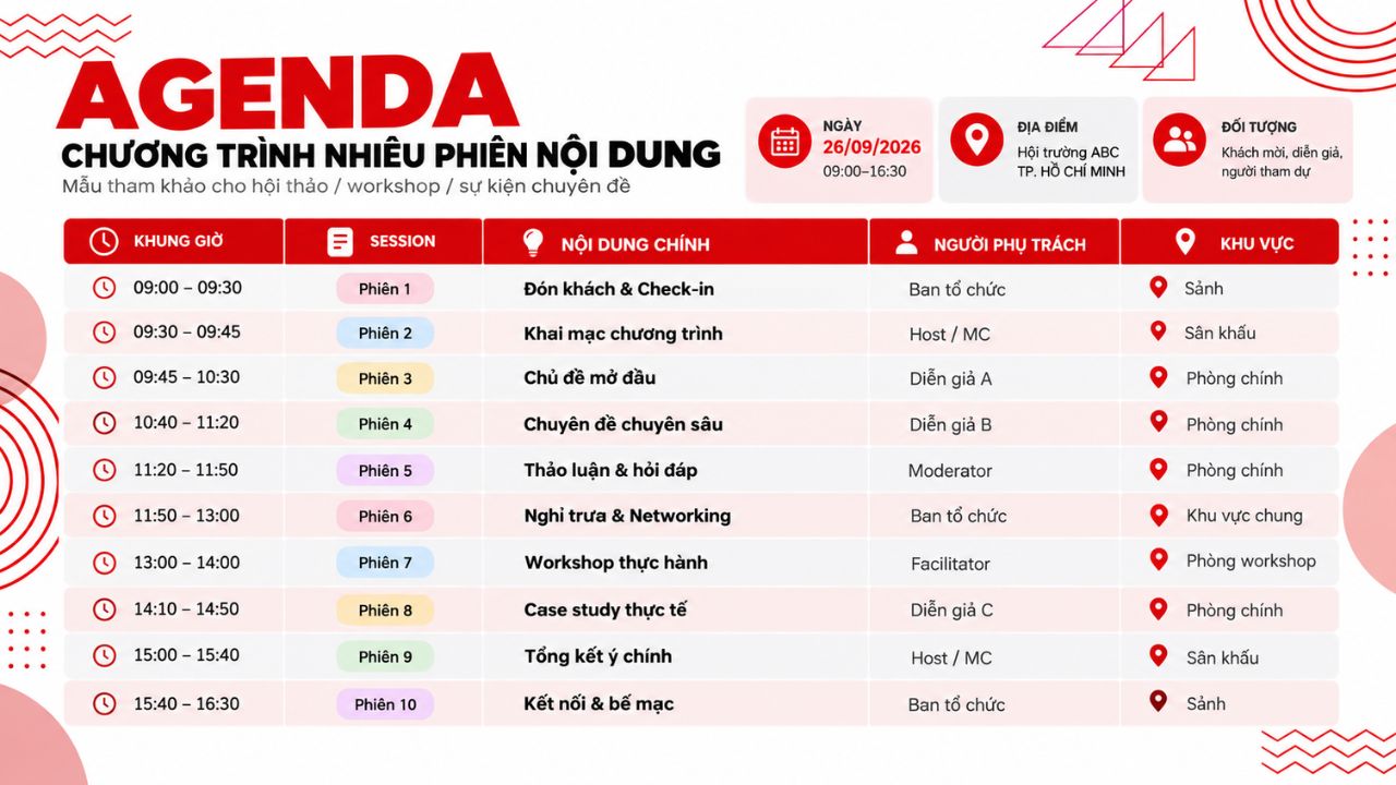Mẫu Agenda chương trình nhiều phiên nội dung.