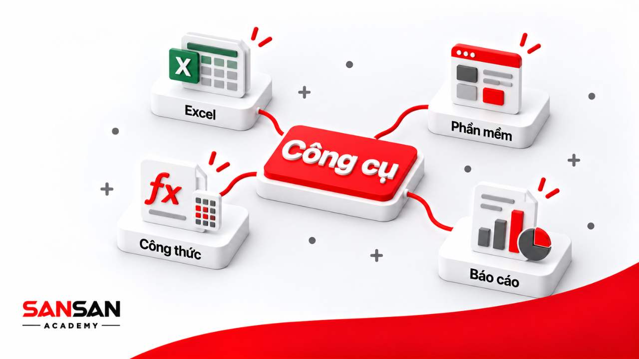 Công cụ kế toán gồm Excel, công thức, phần mềm và báo cáo dữ liệu