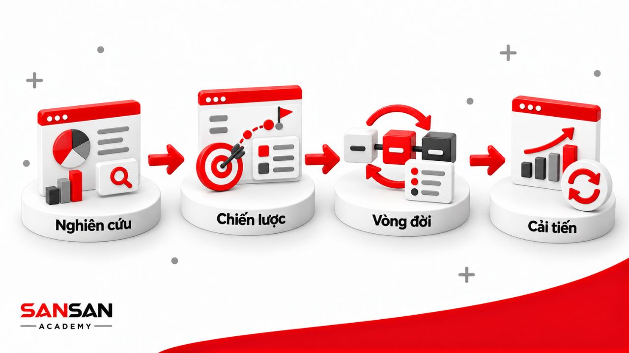 Công việc CPO diễn ra theo chu kỳ từ nghiên cứu thị trường, xây dựng chiến lược, quản trị vòng đời đến đánh giá và cải tiến sản phẩm.