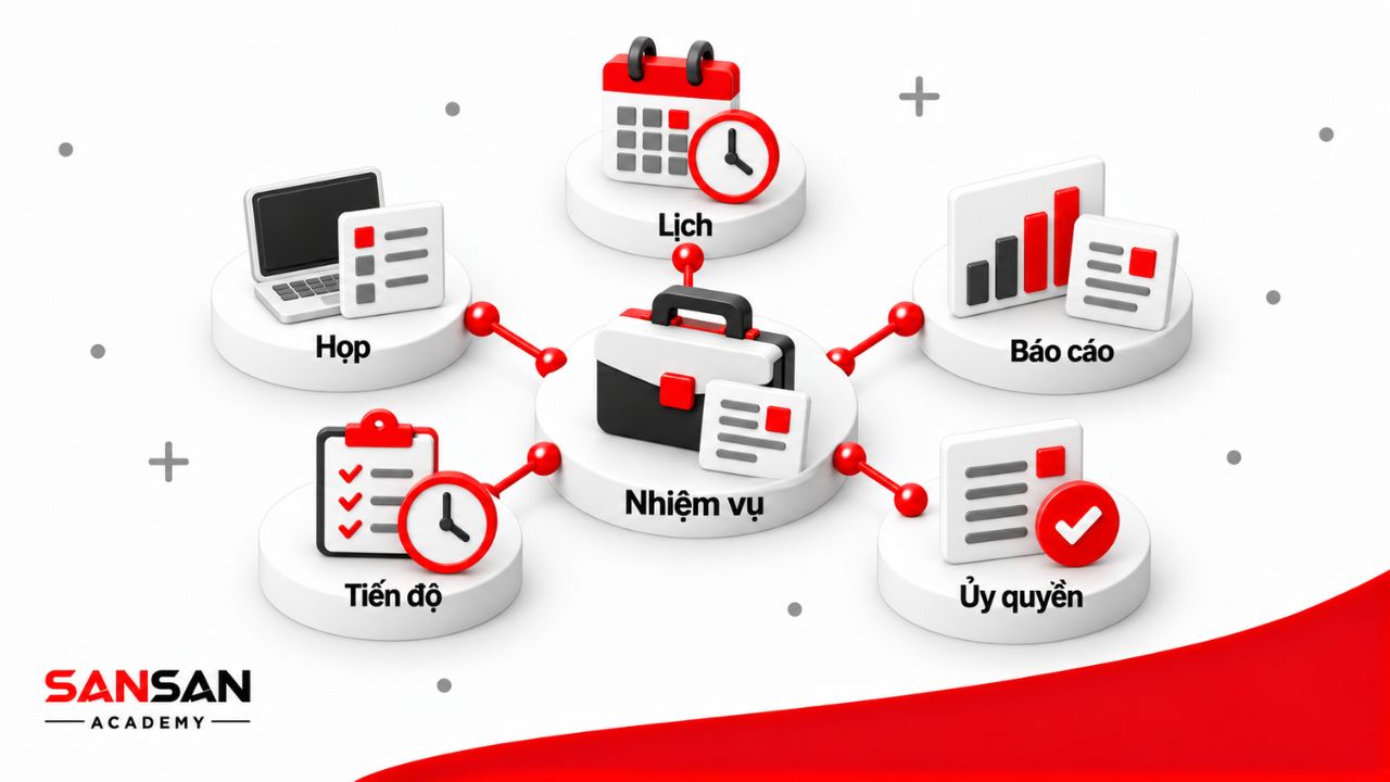 Nhiệm vụ trợ lý giám đốc gồm quản lý lịch, chuẩn bị họp, theo dõi tiến độ, tổng hợp báo cáo và xử lý việc được ủy quyền.