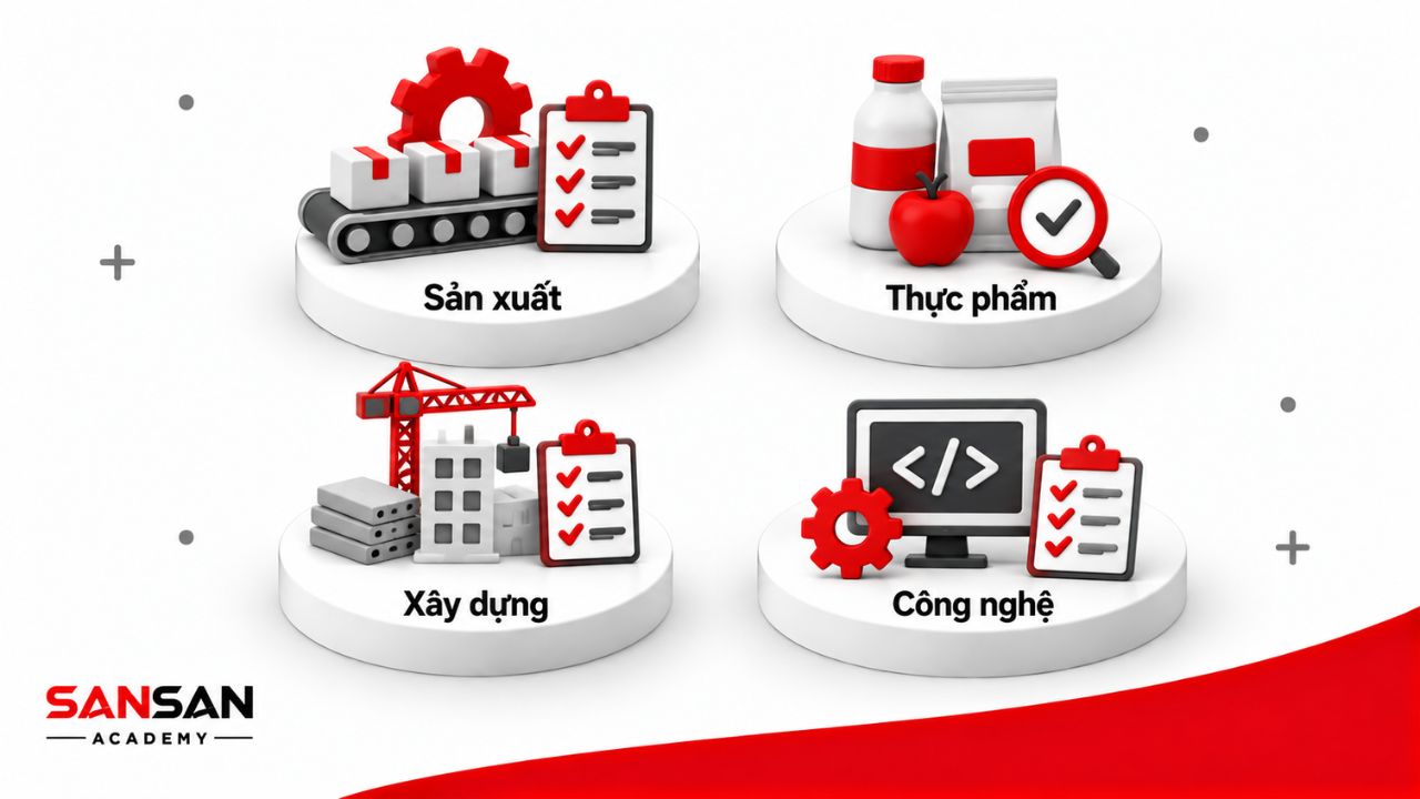 Công việc QC được áp dụng trong sản xuất, thực phẩm, xây dựng và công nghệ với đối tượng cùng phương pháp kiểm tra khác nhau.