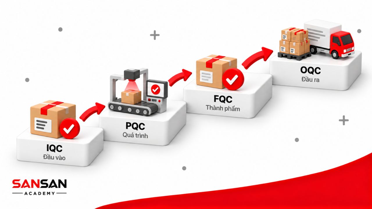 Chuỗi kiểm soát chất lượng gồm IQC ở đầu vào, PQC trong quá trình, FQC ở thành phẩm và OQC trước khi xuất hàng.