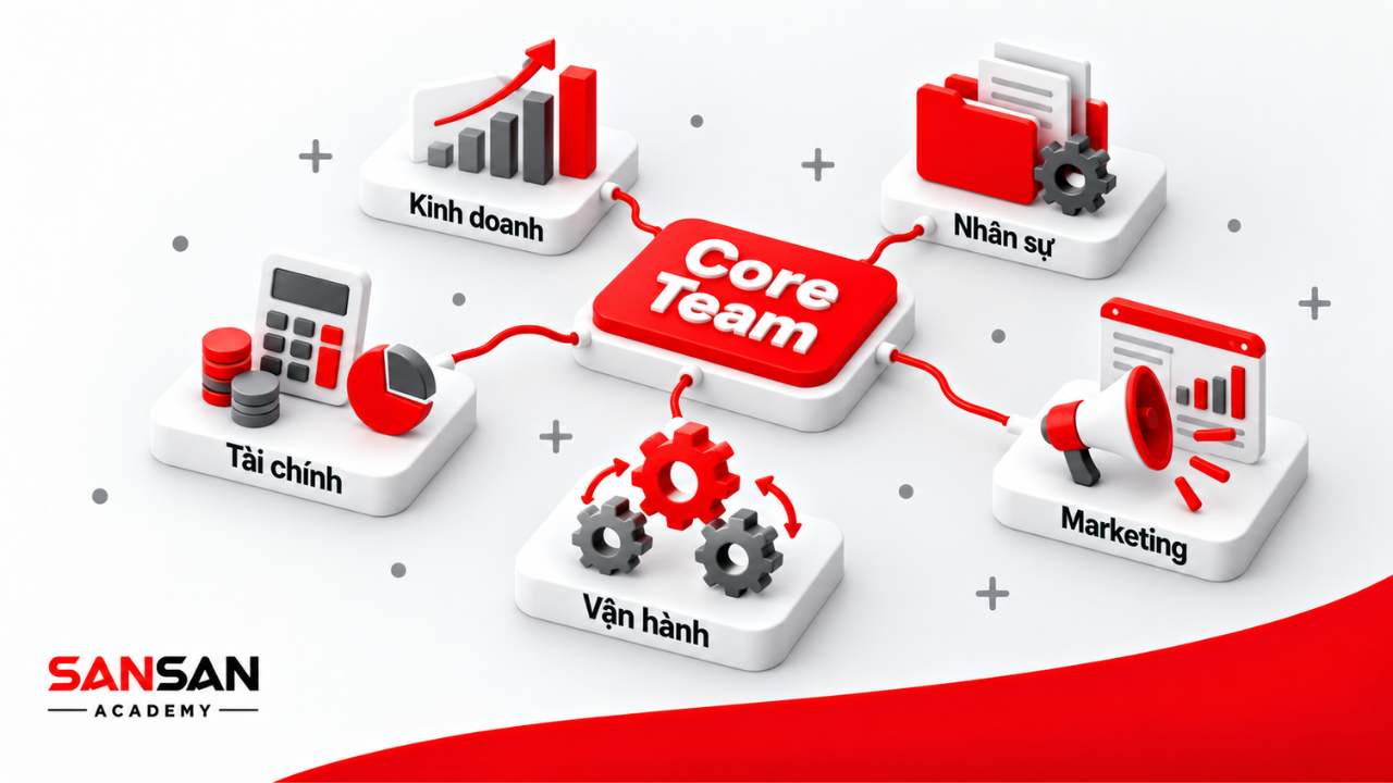 Core Team với các yếu tố mục tiêu, liên kết, nòng cốt và điều phối