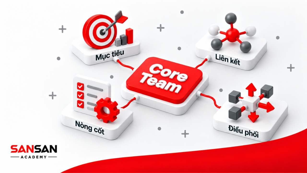 Core Team phối hợp với kinh doanh, nhân sự, marketing, vận hành và tài chính