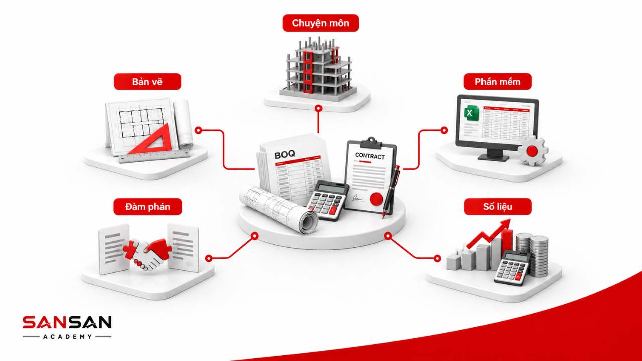 Kỹ năng kỹ sư QS gồm chuyên môn đọc bản vẽ phần mềm số liệu và đàm phán