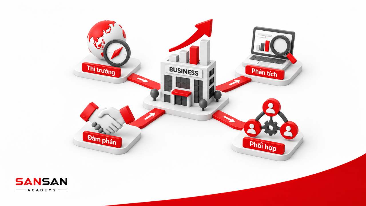 Kỹ năng Business Development gồm phân tích thị trường đàm phán và phối hợp